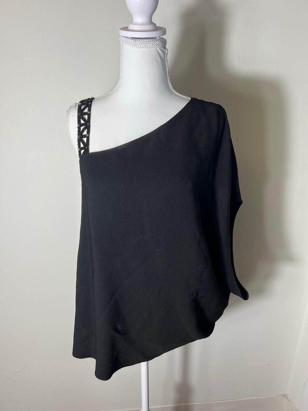 Ramy Brook Black Cocktail Beaded One Shoulder Asymmetrical Top Sz M